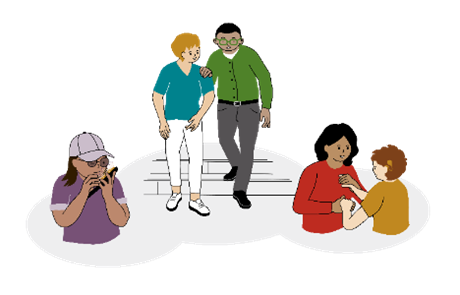 Illustration som visar tre scener: en person som använder en handhållen apparat, två personer som går tillsammans där den ena ger stöd, och två personer i nära samtal.