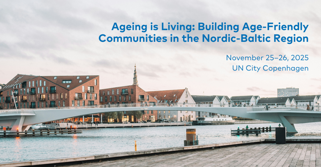 Bridge over water with modern buildings in the background, with event details for 'Ageing is Living' conference in Copenhagen, November 25–26, 2025