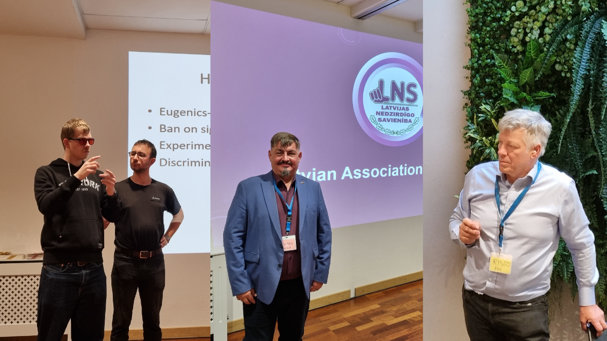 Tre foton från ett evenemang: två män som tecknar framför en presentationsbild, en man som står framför en skärm med Lettlands dövförbunds logotyp, och en man som talar bredvid en växtvägg.