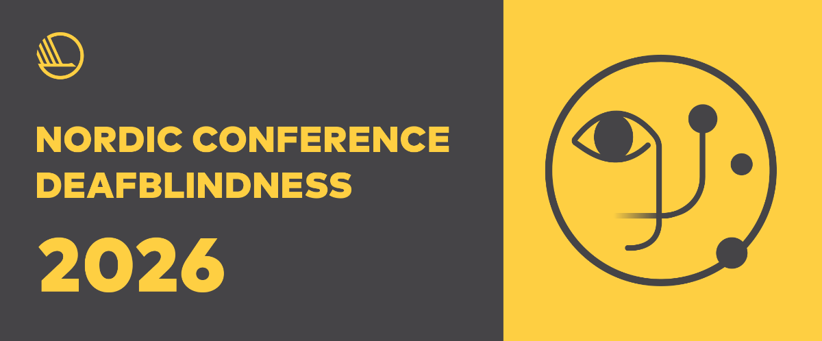 Promotional graphic for the Nordic Conference on Deafblindness 2026. The left side features the conference title in yellow text on a dark grey background. The right side shows a stylized line-art icon combining an eye and facial profile on a yellow background, symbolizing deafblindness.