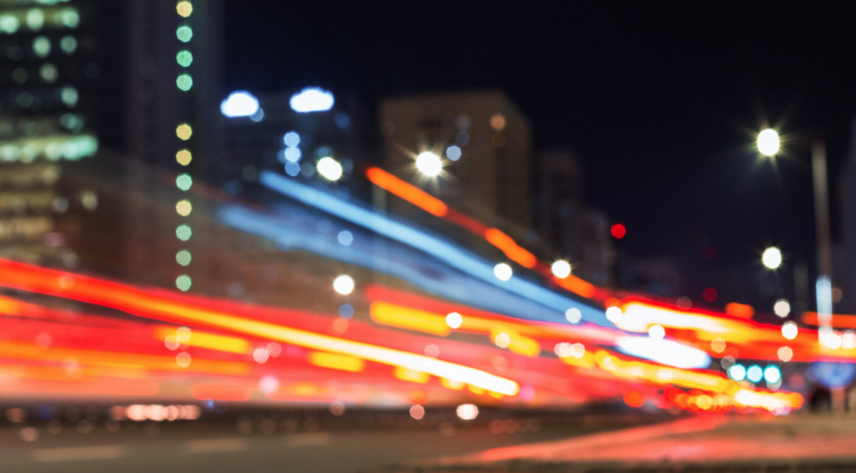 Bright city lights at night
