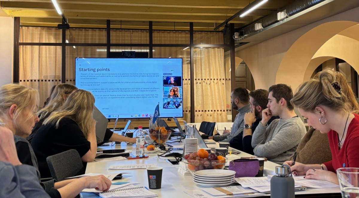 Participants at the Nordic expert meeting sitting around a table and watching a presentation.