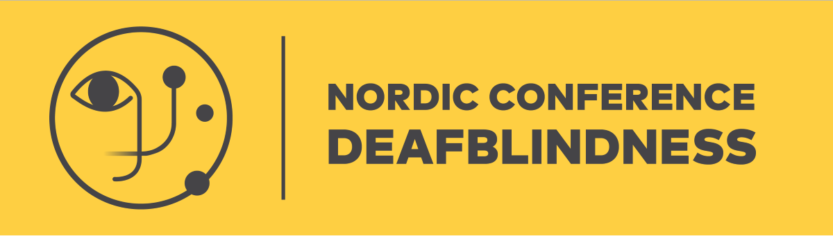 Logo for Nordisk konferanse om døvblindhet, med en abstrakt ansiktsillustrasjon og tydelig tekst på gul bakgrunn.