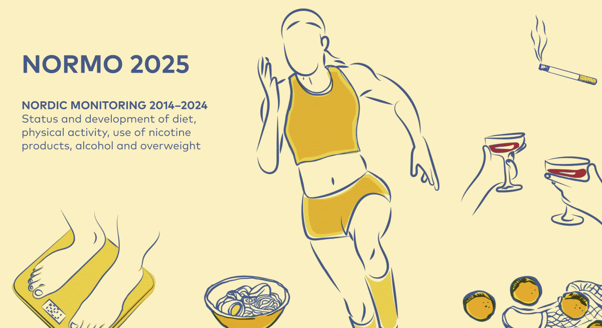 Ljusgul bild med texten NORMO 2025 samt tecknade bilder av löpande person, vinglas, cigarett, våg och skål med mat.