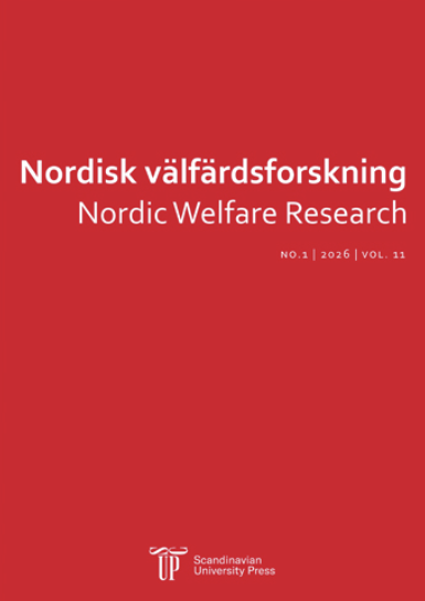 Omslag av tidskriften, rött med vit text Nordisk välfärdsforskning och Nordic Welfare Research