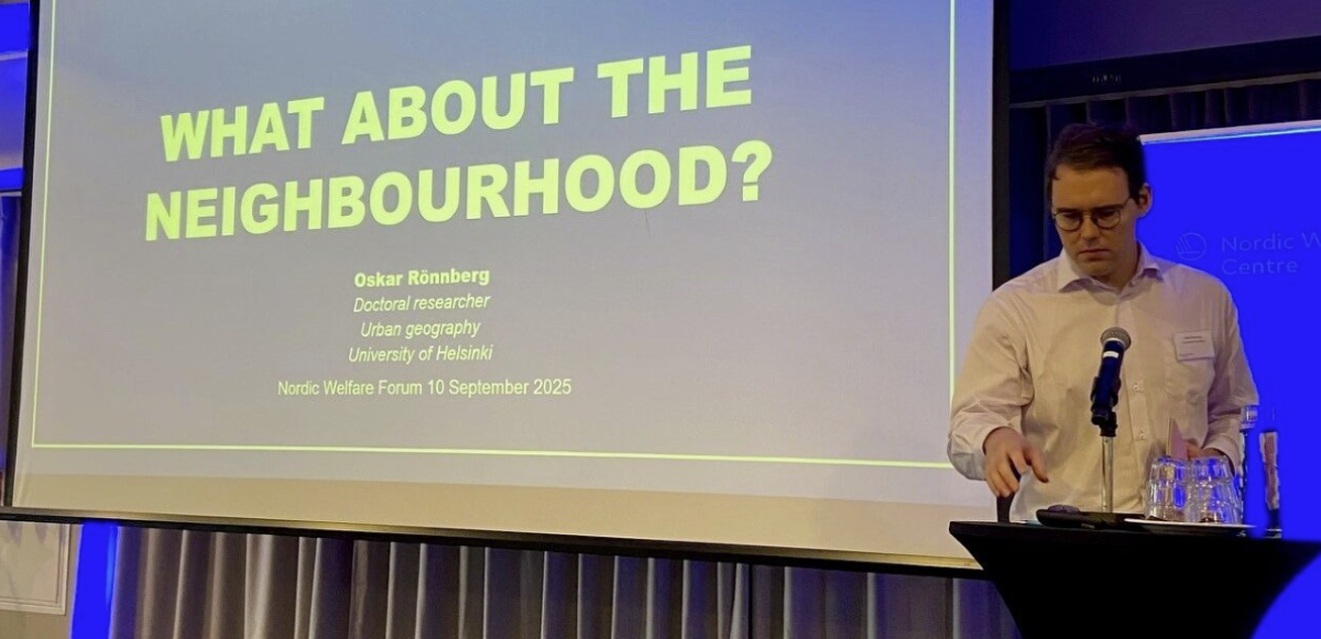 Oskar Rönnberg, doktorand i stadsgeografi vid Helsingfors universitet, presenterade på Välfärdsforum i Helsingfors.